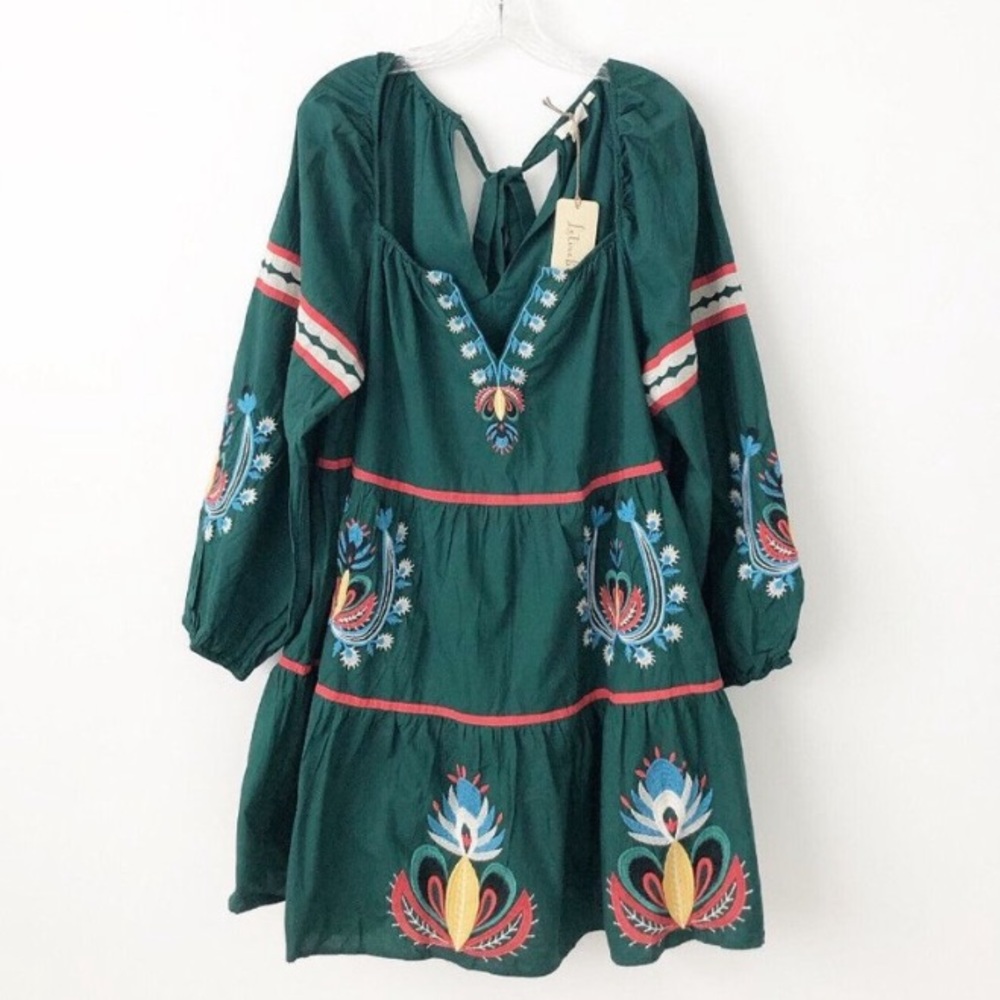 NWT Anthropologie Let Me Be Embroidered Tunic Dress L Green Long Sleeve